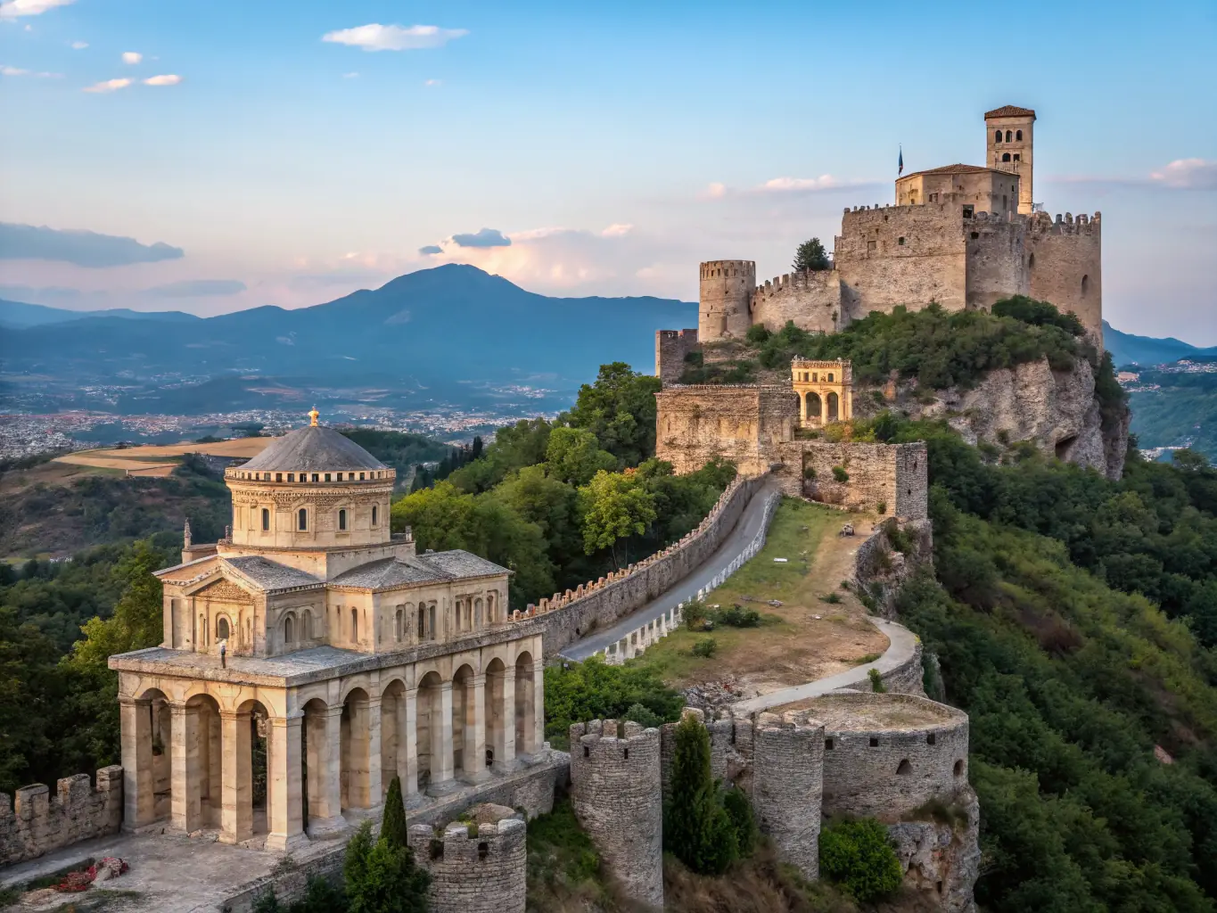 A vibrant photograph showcasing a collection of historical landmarks, such as ancient ruins and castles, under a clear blue sky. The image represents the historical sites category for vacation destinations.