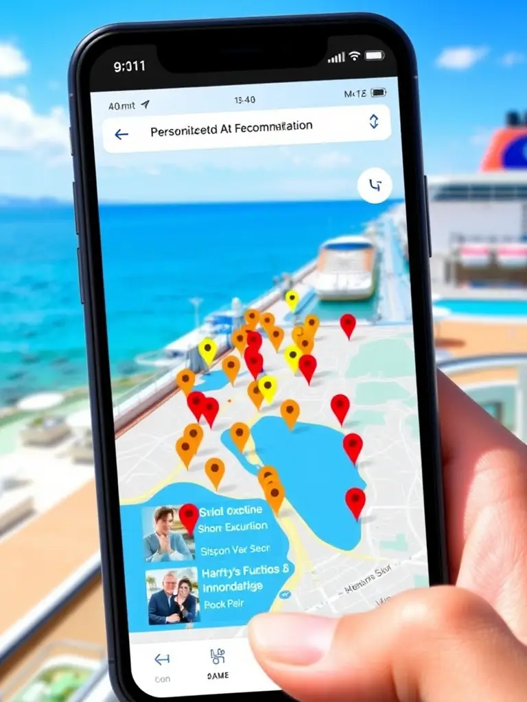 A map interface showing personalized recommendations near a cruise pier, emphasizing shore excursion options.