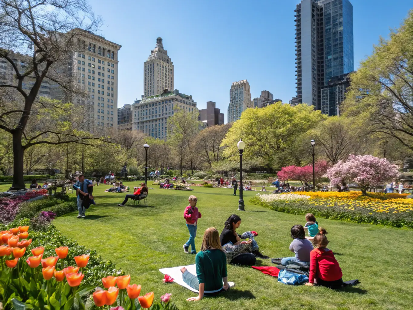 A serene image of a lush green park with walking trails, colorful flowers, and families enjoying outdoor activities. The photo represents the parks category for vacation destinations.