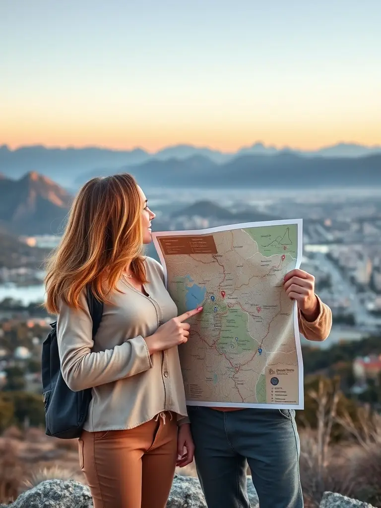 A couple excitedly pointing at a map highlighting recommended attractions and activities, set against a scenic landscape with iconic landmarks.