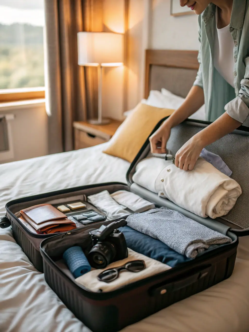 A traveler efficiently packing a suitcase with items perfectly suited for their destination, displayed against a backdrop of a detailed weather forecast.