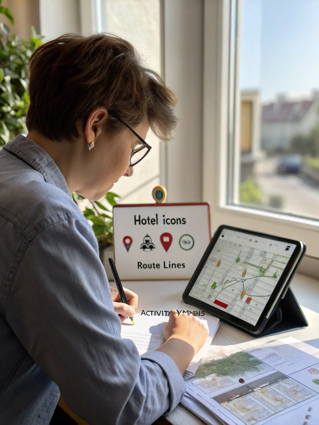 A traveler effortlessly navigating a foreign city using a custom-generated itinerary on their tablet, displayed against a backdrop of public transportation options.